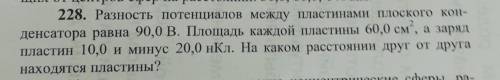 228. Разность потенциалов между пластинами плоского кон- денсатора равна 90,0 В. Площадь каждой плас