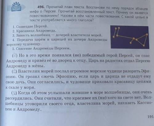 496. Прочитай план текста. Восстанови во нему порядок абразцев мифа о Персее. Прочитай воссановленны