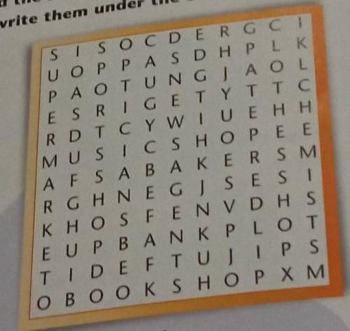 Find the shops below in the grid.Then write them under the correctitem.​