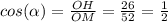 cos(\alpha )=\frac{OH}{OM}=\frac{26}{52}=\frac{1}{2}