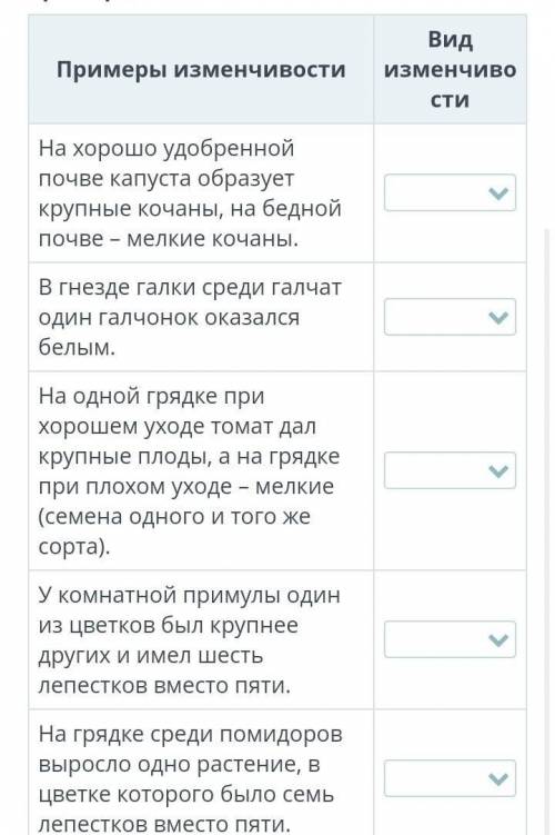 в таблице указано несколько примеров изменчивости. определи, к какому виду изменчивости относятся пр