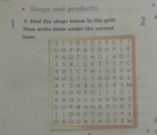 Find the shops below in the grid them write them under the correct item​