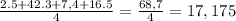 \frac{2.5 + 42.3 + 7,4 + 16.5}{4} = \frac{68,7}{4} = 17,175