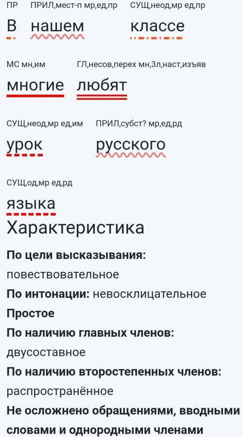 Сделать синтаксический разбор предложения: в нашем классе многие любят урок русского языка мне !​