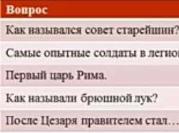 1. Как назывался совет старейшин? 2. Самые опытные солдаты в легионе?3. Первый царь Рима.4. Как назы