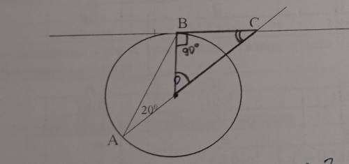 Дано коло з центром в точці О. Пряма ВС - дотична до кола. Знайти кути трикутника ОВС, якщо кут BAO=