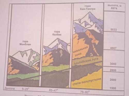 1. Используя рисунок 90, определите причину и различия в формировании высотной поясности Монблана, К