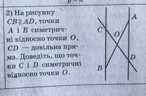 на малюнку CB паралельне AD точки А і B симетричні щодо точки O, CD довільна пряма.Доведіть що точки