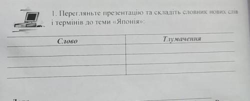 1. Перегляньте презентацію та складіть словник нових слів і термінів до теми «Японія»:СловоТлумаченн