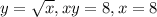 y=\sqrt{x} , xy=8, x=8