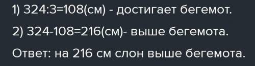 Б) Рост слона достигает 324 см, а бегемота – в 3 раза меньше. На сколько сантиметров слон выше бегем