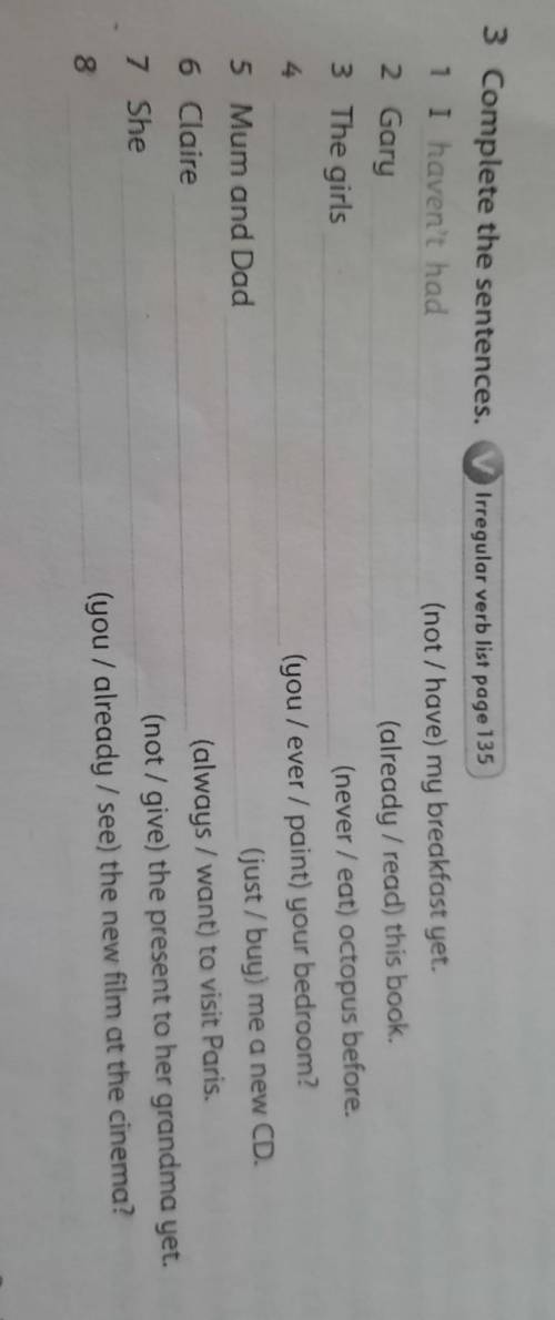 3 Complete the sentences. 1 I haven't had2 Gary3 The girlsIrregular verb list page 135(not/have) my