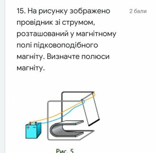 На рисунку зображено провідник зі струмом, розташований у магнітному полі підковоподібного магніту.