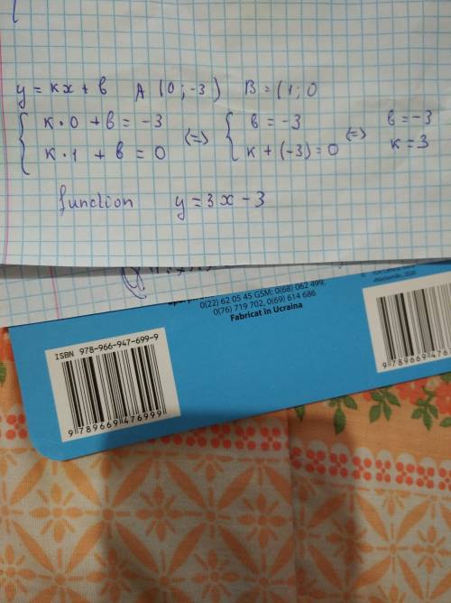 График функции y=kx+b пересекает оси координат в точках А(0;-3) и В(1;0) найдите k и b