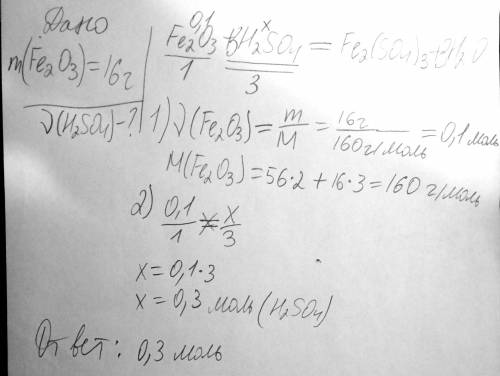 Яка кількість речовини сульфатної кислоти Н2SO4 необхідно для розчинення ферум 3 оксиду масою 16 Г​