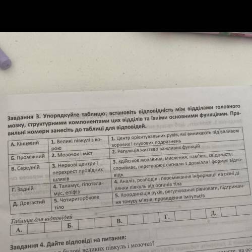 Завдання 3. Упорядкуйте таблицю: встановіть відповідність між відділами головного мозку, структурним