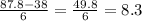 \frac{87.8 - 38}{6} = \frac{49.8}{6} = 8.3