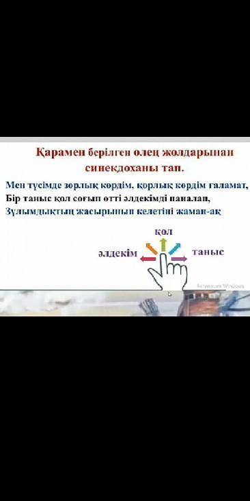 Қарамен берілгенөлеңжолдарыннаң синекдоханы тап Мен түсімде зорлық көрдім, қорлық көрдім ғаламат, Бі