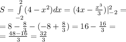 S = \int\limits^{ 2 } _ { - 2} (4 - x {}^{2} )dx =(4x - \frac{ {x}^{3} }{3}) |^{ 2 } _ { - 2} = \\ = 8 - \frac{8}{3} - ( - 8 + \frac{8}{3} ) = 16 - \frac{16}{3} = \\ = \frac{48 - 16}{3} = \frac{32}{3}