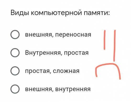 Виды компьютерной памяти: внешняя, переноснаяВнутренняя, простаяпростая, сложнаявнешняя, внутренняя