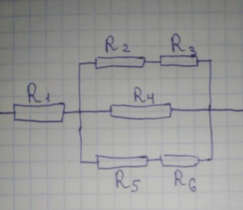 Розрахуйте загальний опір ділянки колаR1=1(Ом)R2=2(Ом)R3=R4=3(Ом)R5=R6=5(Ом)​