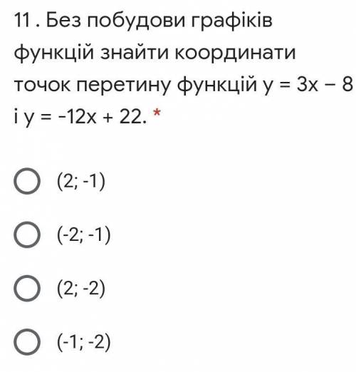 Без побудови графіків функцій знайти координати точок перетину функцій y = 3x – 8 і y = -12x + 22