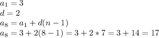 a_1=3\\d=2\\a_8=a_1+d(n-1)\\a_8=3+2(8-1)=3+2*7=3+14=17