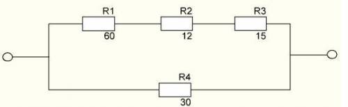 Чому дорівнює загальний опір ділянки кола, зображений на рис., якщо R1= 60 Ом, R2= 12 Ом, R3= 15 Ом,
