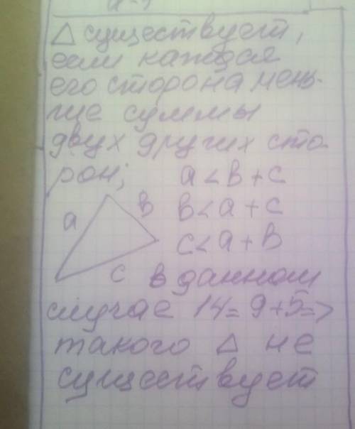 Чи існує трикутник зі сторонами 5см 9см 14см? Відповідь обгрунтуйте