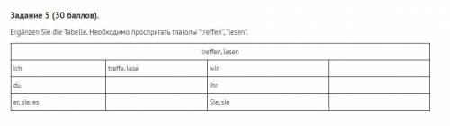 Задание 5. Ergänzen Sie die Tabelle. Необходимо проспрягать глаголы treffen, lesen. treffen, les