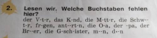 Lesen wir.Welche Buchstaben fehlen higher? DER v-t-r, das K-nd, die M-tt-r, die Schw--t-r, fr-gen, a