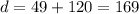 d = 49 + 120 = 169