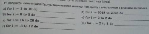 Запишіть скільки разів будуть виконуватися команди тіла циклу з лічильником з рядами заголовка ​