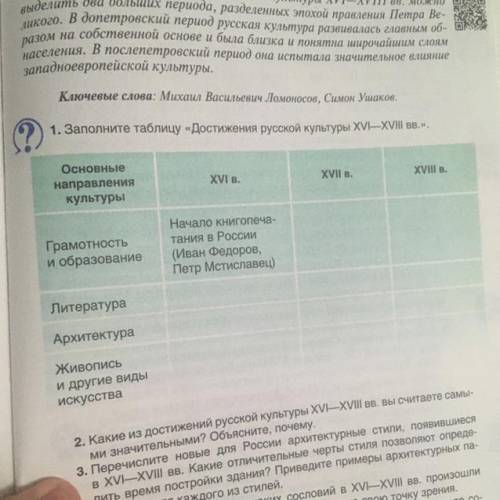 Таблица по всемирной истории 7 класс на тему русская культура даю