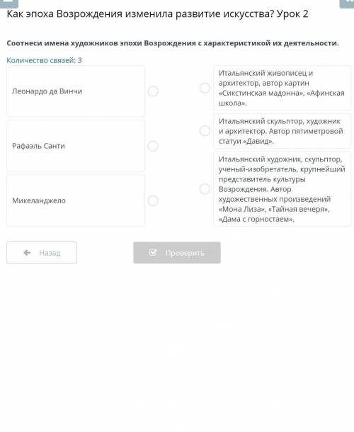 соотнести имена художников эпохи возрождения с характеристикой их деятельности ​