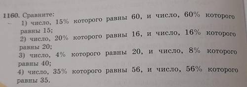 11160. Сравните: 1) число, 15% которого равны 60, и число, 60% которогоравны 15;2) число, 20% которо