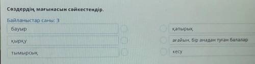 Сөздердің мағынасын сәйкестендір. Байланыстар саны: 3бауырқапырыққырқу.ағайын, бір анадан туған бала