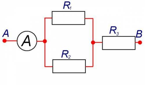8класс Определите общее сопротивление цепи и напряжение на участке AB, если R1=10, R2=40, R3=2, а по