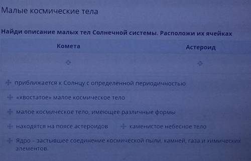 Малые космические тела Найди описание малых тел Солнечной системы. Расположи их ячейкахКометаАстерои