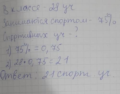 В классе 28 учеников 75% из них занимаются спортом Сколько спортивных учеников в классе Запишите кра