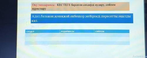 Оқу тапсырмасы : КЕСТЕГЕ берілген сөздерді аудару, сөйлем құрастыруАдал,балажан,Қонақжай, еңбекқор,м