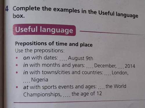 4 Complete the examples in the Useful language box.Useful language.Prepositions of time and placeUse