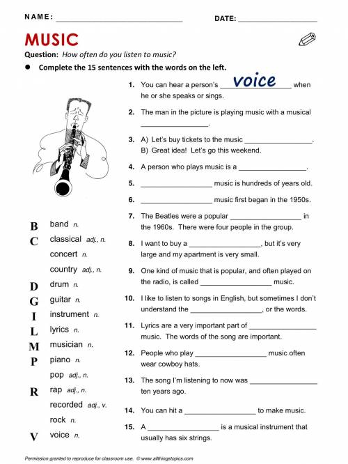 Complete the 15 sentences with the words on the left.