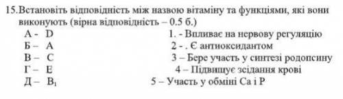 Встановіть відповідність між назвою вітаміну та функціями, які вони виконують