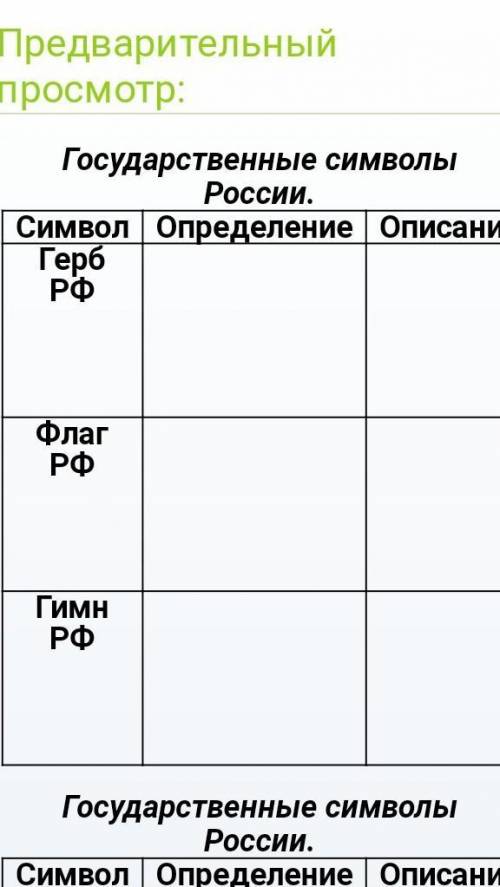 Таблица государственная символика России столбцы: симвалы(они написаны в самой таблице) определение