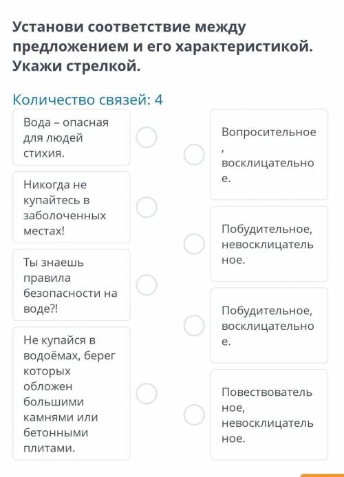 Безопасность на воде. Виды предложений по интонации Установи соответствие между предложением и его х