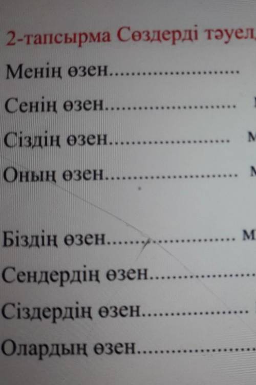 2-тапсырма Сөздерді тәуелде Менің өзен..мұзСенің өзенмұзСіздің өзен...мұзОның өзенмұзaмұзмұзБіздің ө