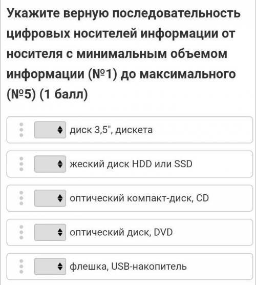 укадитеверную последовательность цифровых носителей информации от носителя с минимальным объёмом инф