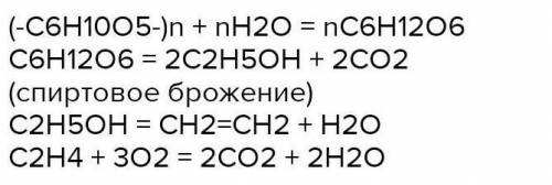 Створити перетворення (C6H10O5)n---> C6H12O6--->C2H5OH ​