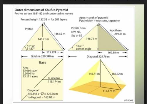 знайдіть об'єм та площу бічної сторони піраміди хеопса. все параметры есть на фотке. заранее :)